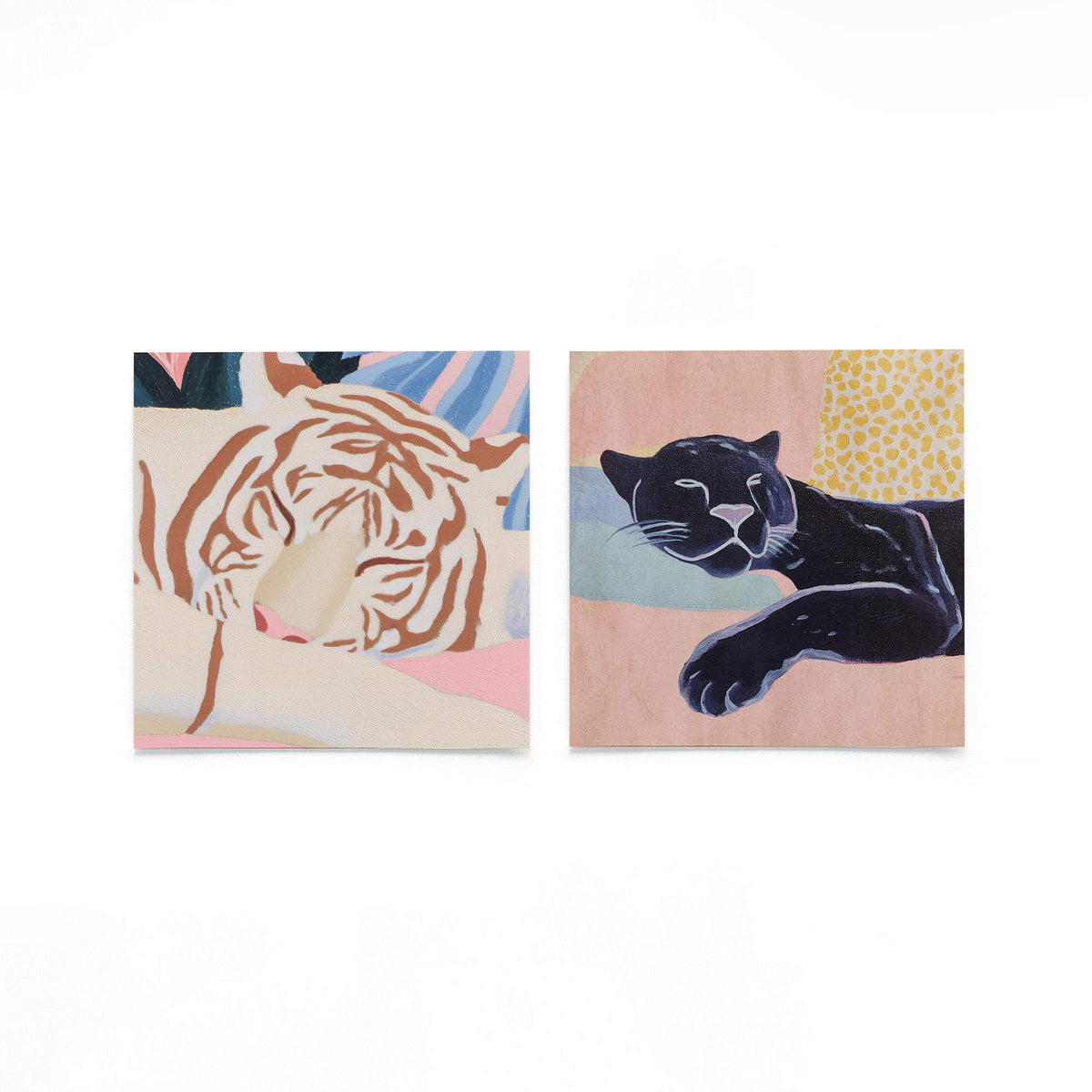 Twee vierkante posters met gezichten en zwarte kat op een gebroken witte achtergrond