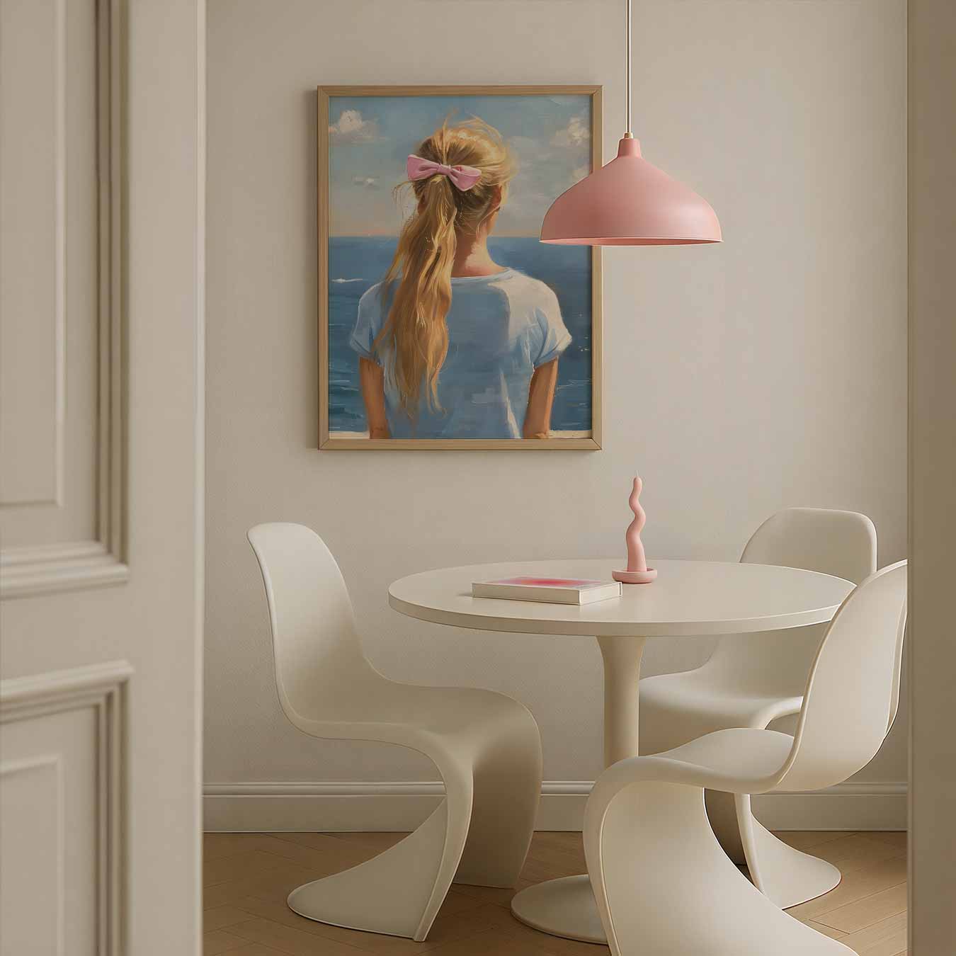 Zeezicht met Roze Strik Poster