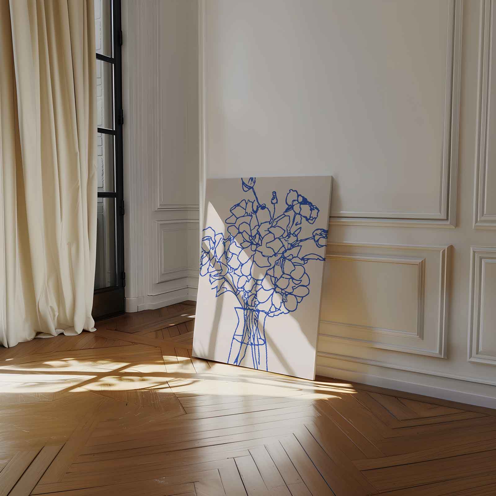 Elegante Blauwe Bloemenlijn Kunstwerk-canvas-dibond-plexiglas-wanddecoratie-WallArtistic