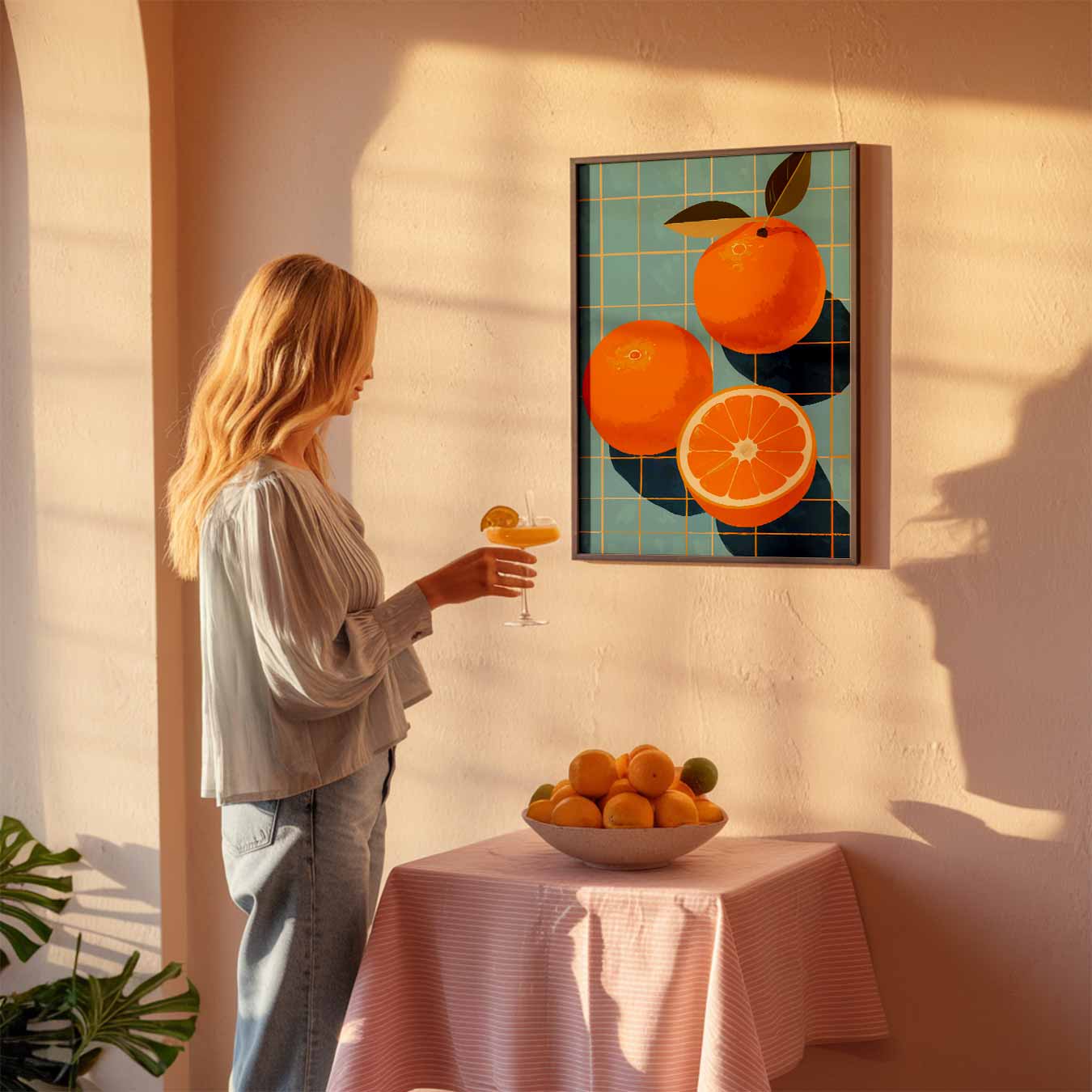 Zonnige Sinaasappels op Blauwe Tegels Poster