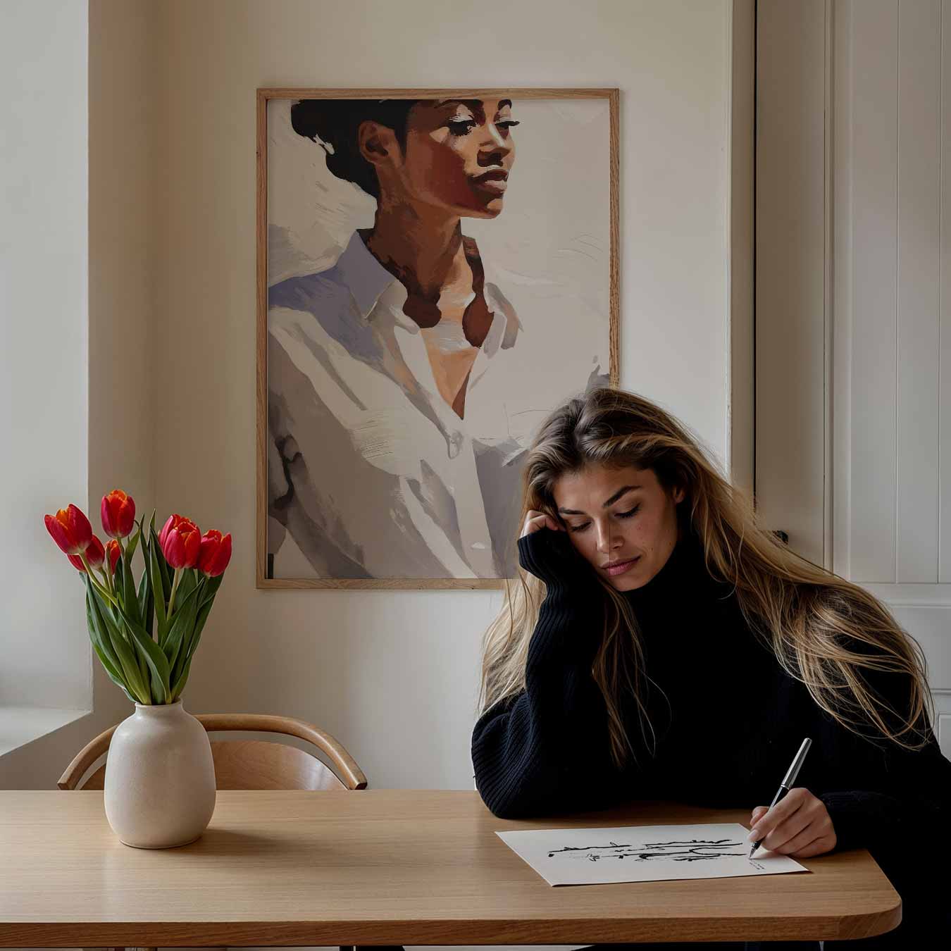 Elegante Vrouw in Witte Blouse Poster