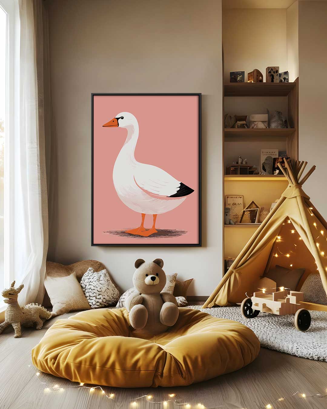 Elegante Gans op Zalmroze Achtergrond Kunstwerk-canvas-dibond-plexiglas-wanddecoratie-WallArtistic