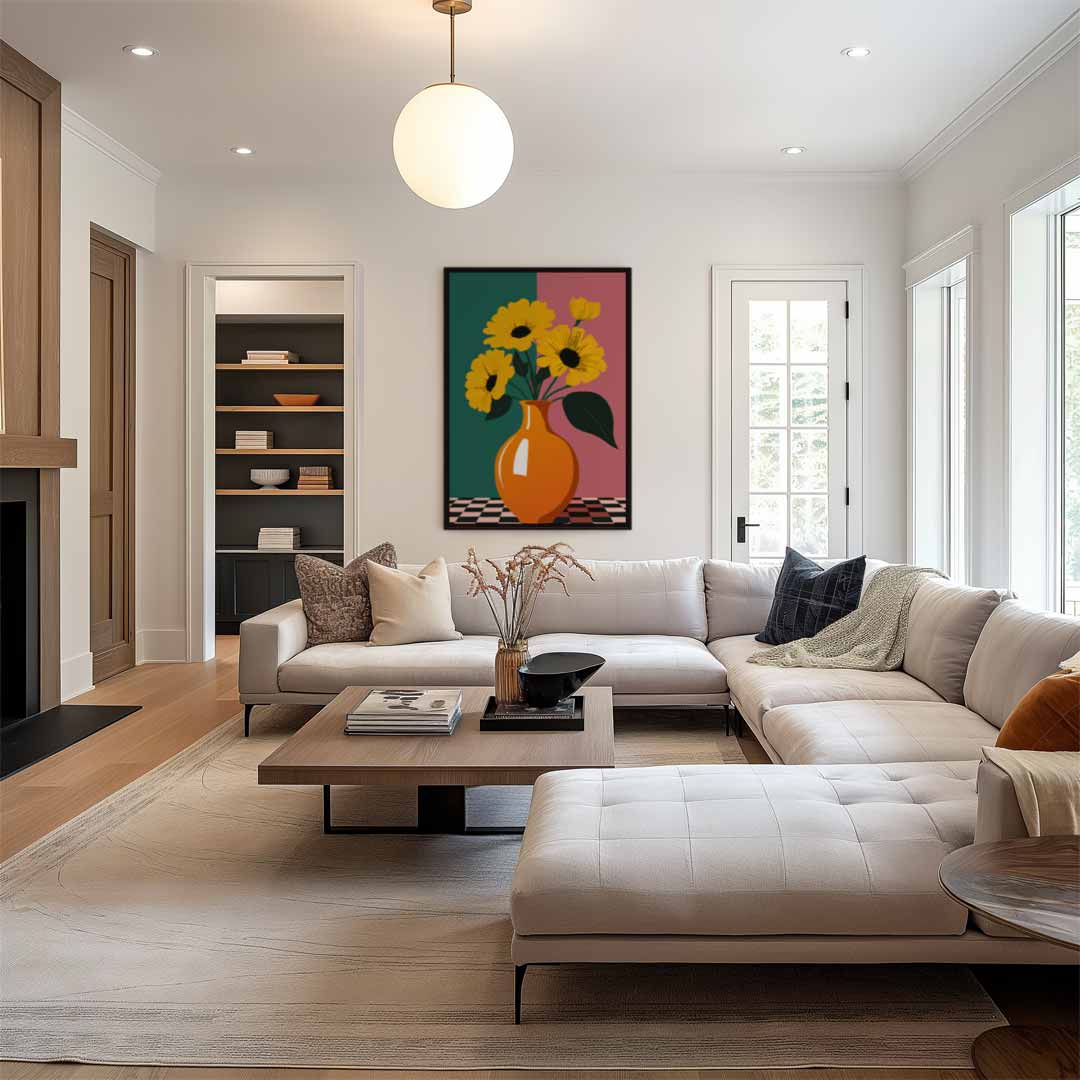 Zonnige Bloemen in Vaas Kunstwerk-canvas-dibond-plexiglas-wanddecoratie-WallArtistic