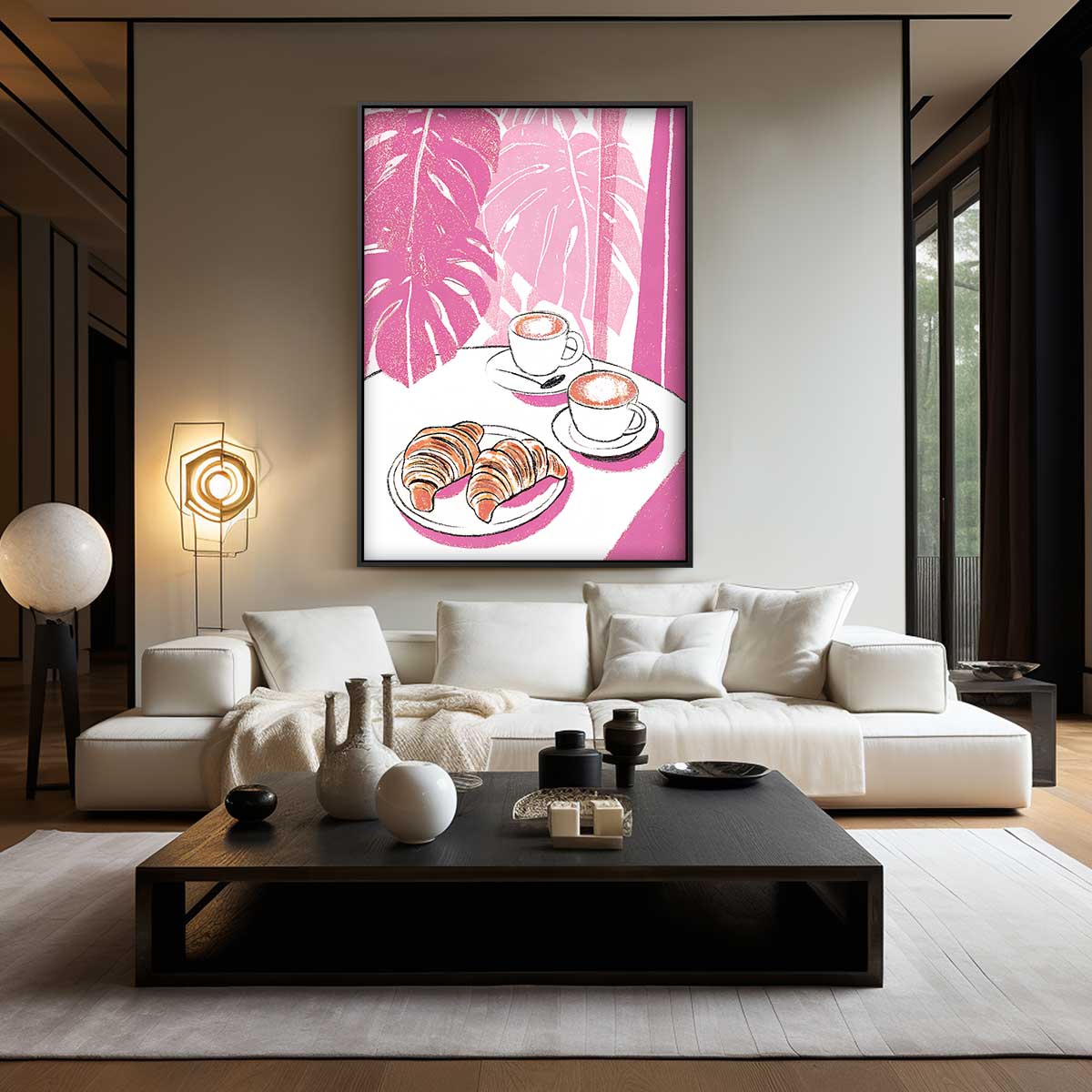 Koffie en Croissants in Roze Oase Kunstwerk-canvas-dibond-plexiglas-wanddecoratie-WallArtistic