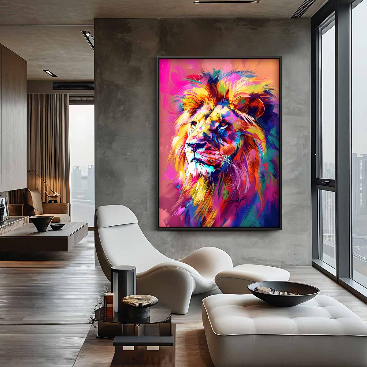 Kleurrijke Leeuw Kunstwerk-canvas-dibond-plexiglas-wanddecoratie-WallArtistic
