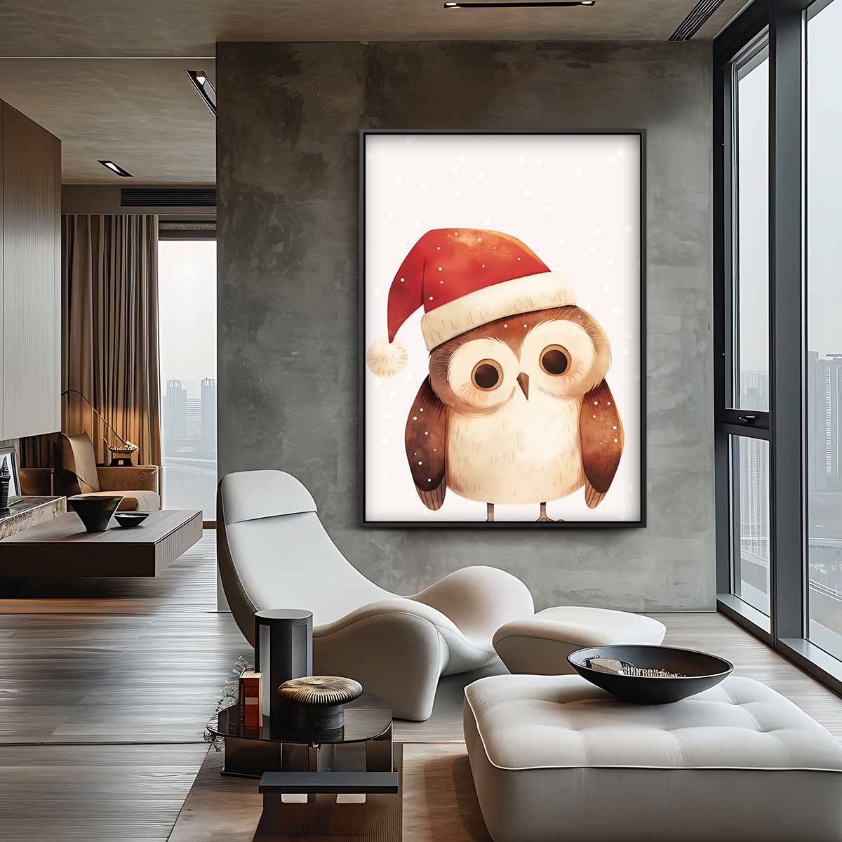 Schattige Uil met Kerstmuts Kunstwerk-canvas-dibond-plexiglas-wanddecoratie-WallArtistic