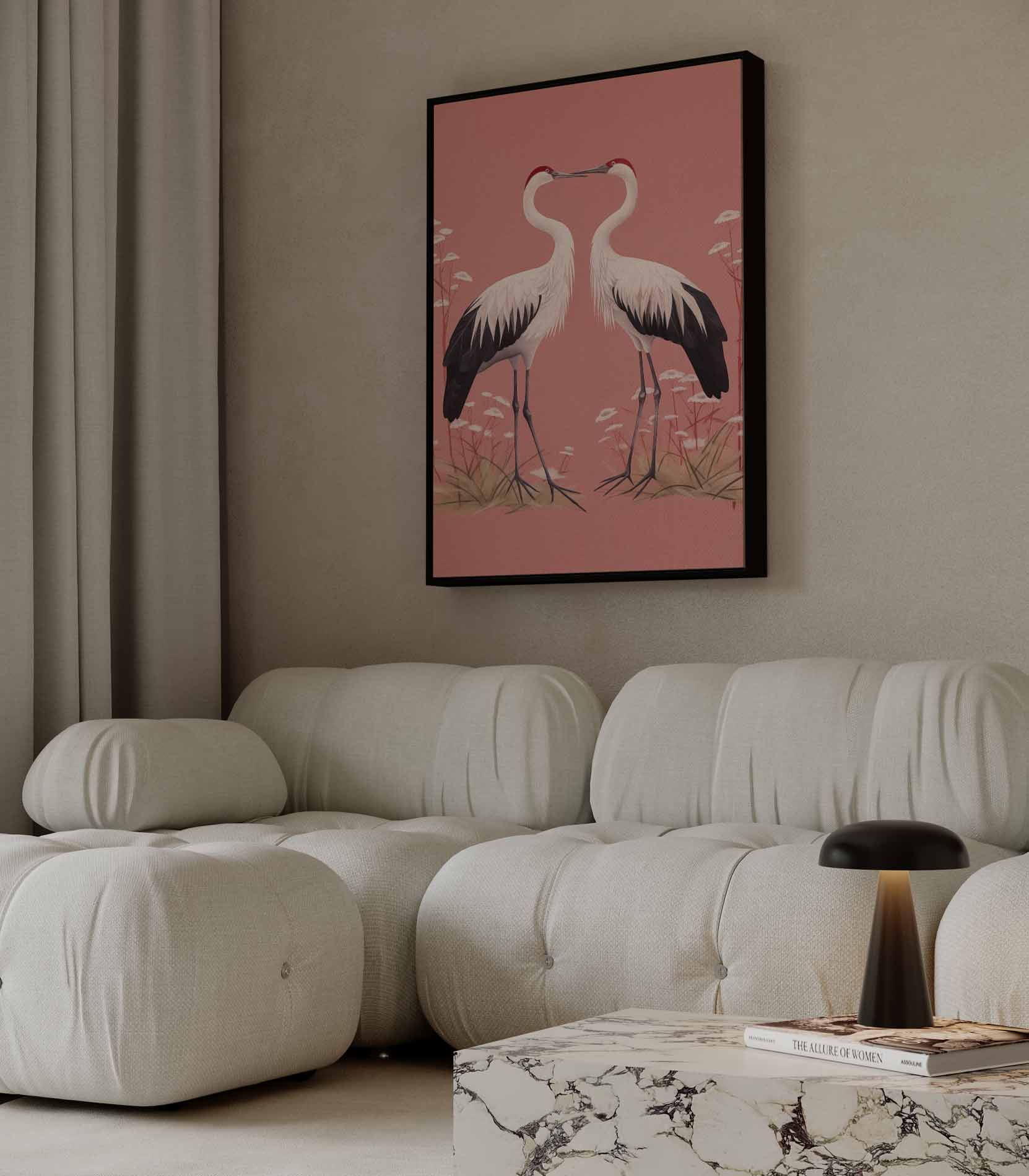 Romantische Kraanvogels op Rosa Achtergrond Kunstwerk-canvas-dibond-plexiglas-wanddecoratie-WallArtistic