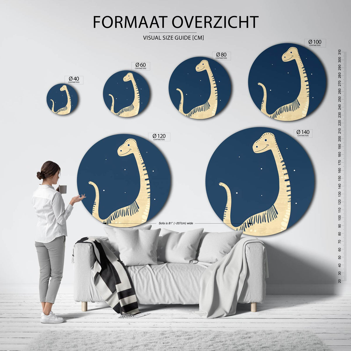 Dinosaurus op blauwe achtergrond Muurcirkel – extra productweergave – Een beige dinosaurus met een glimlach tegen een blauwe