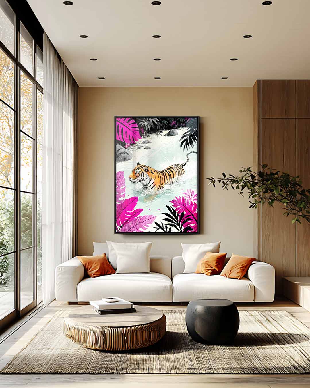Tijger in Kleurrijke Jungle Kunstwerk-canvas-dibond-plexiglas-wanddecoratie-WallArtistic