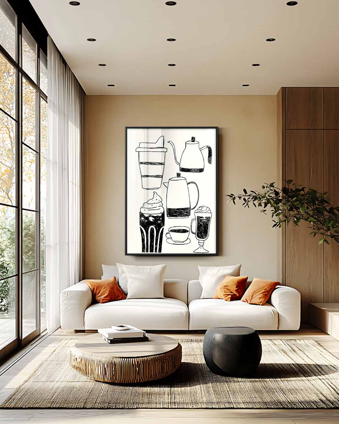 Koffieplezier in Lijnkunst Kunstwerk-canvas-dibond-plexiglas-wanddecoratie-WallArtistic