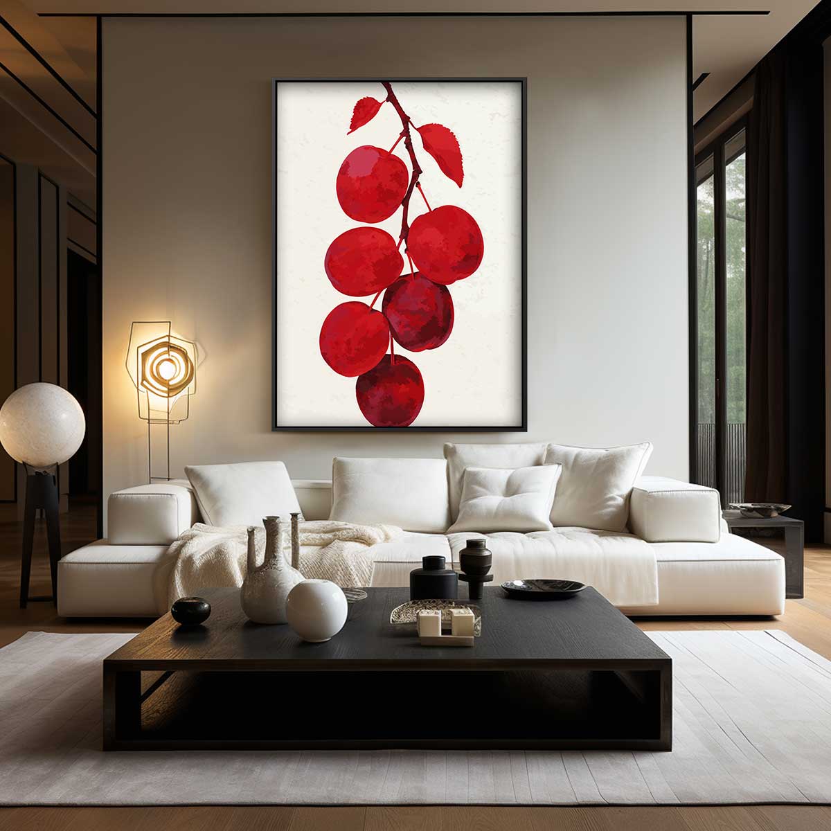 Rode Vruchten aan Tak Kunstwerk-canvas-dibond-plexiglas-wanddecoratie-WallArtistic