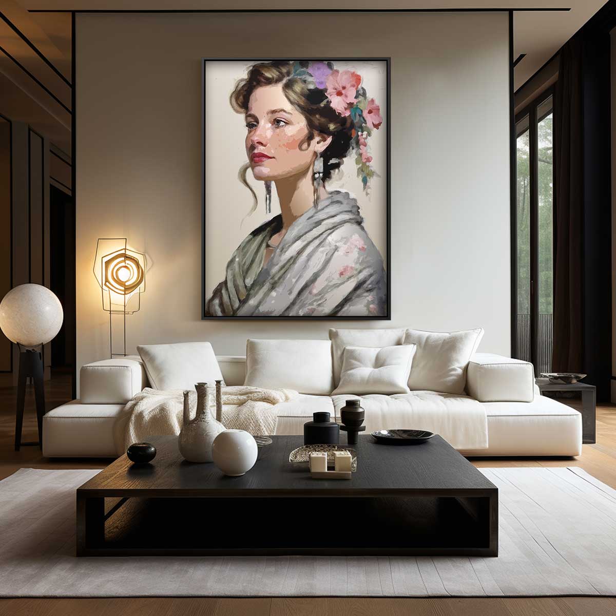 Elegant Portret van een Vrouw met Bloemen Kunstwerk-canvas-dibond-plexiglas-wanddecoratie-WallArtistic