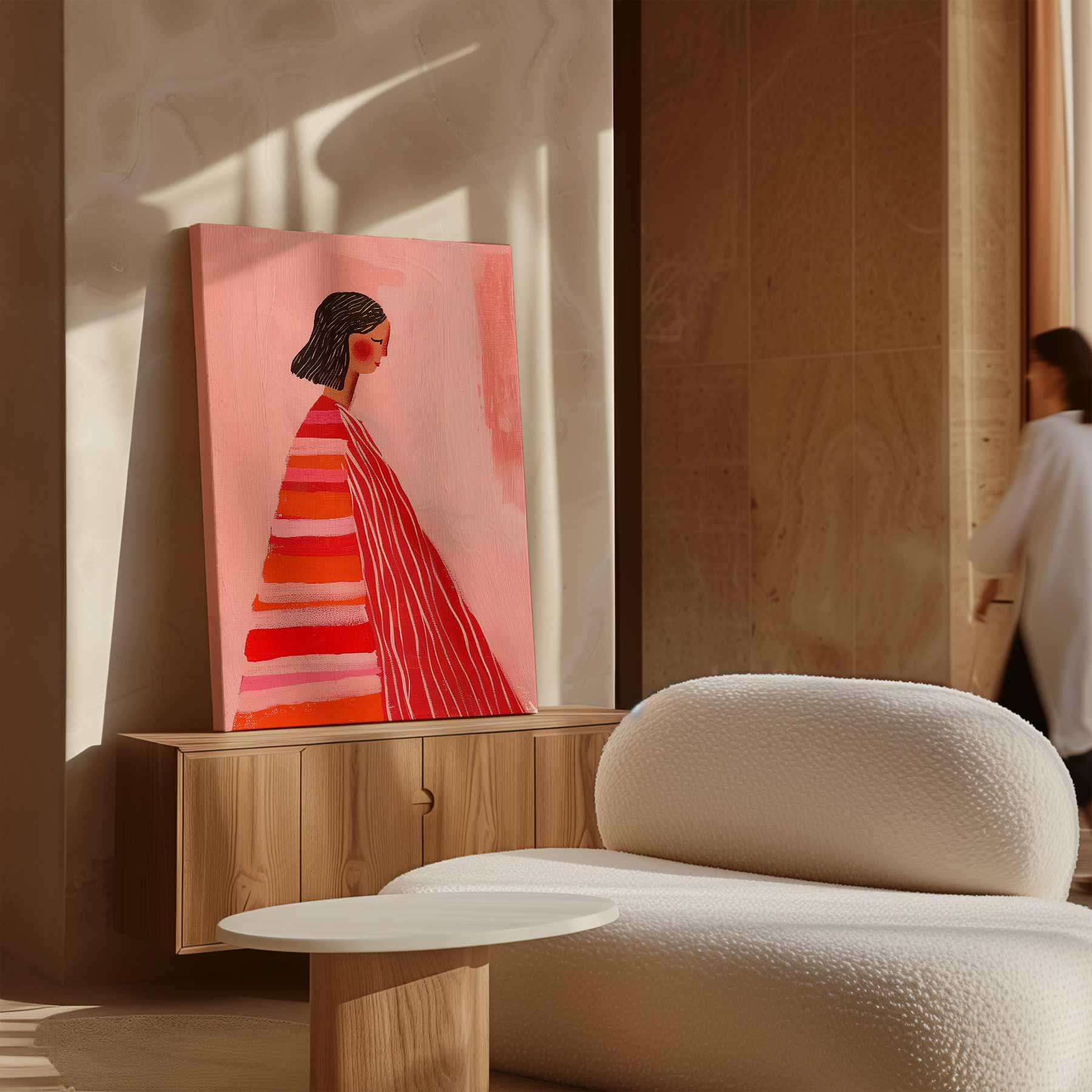 Vrouw in Roze en Rood Kunstwerk-canvas-dibond-plexiglas-wanddecoratie-WallArtistic