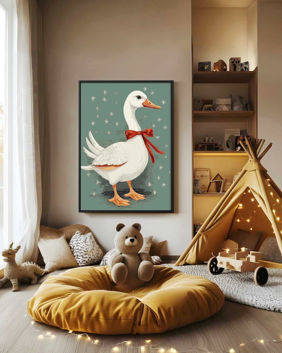 Feeërieke Gans met Strik Kunstwerk-canvas-dibond-plexiglas-wanddecoratie-WallArtistic