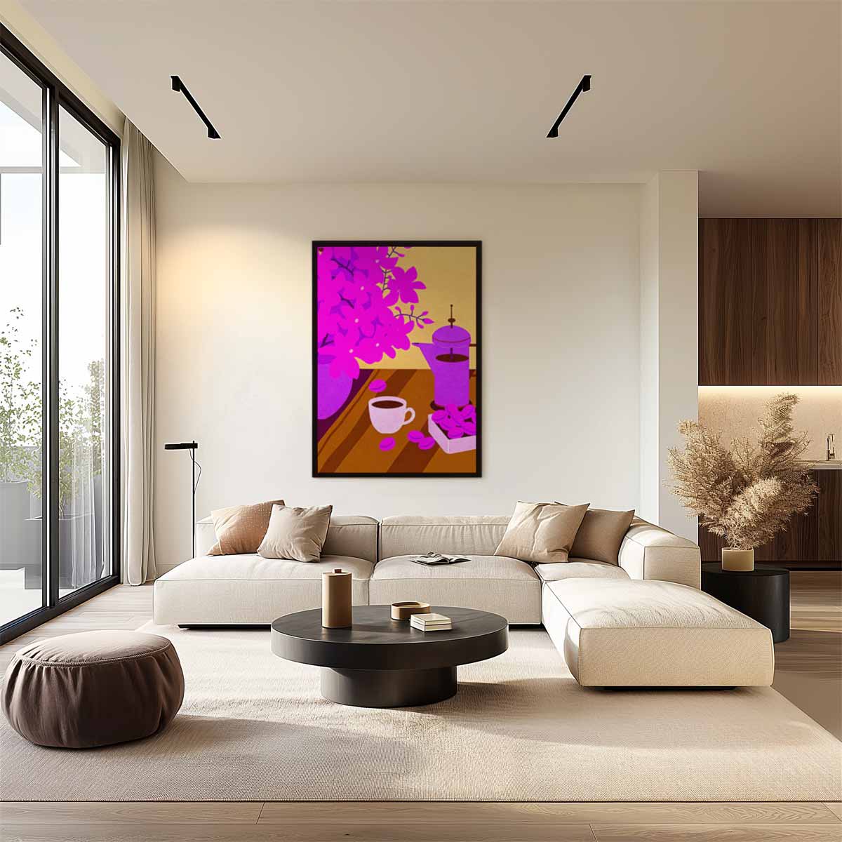 Koffieochtend Met Bloesems Kunstwerk-canvas-dibond-plexiglas-wanddecoratie-WallArtistic