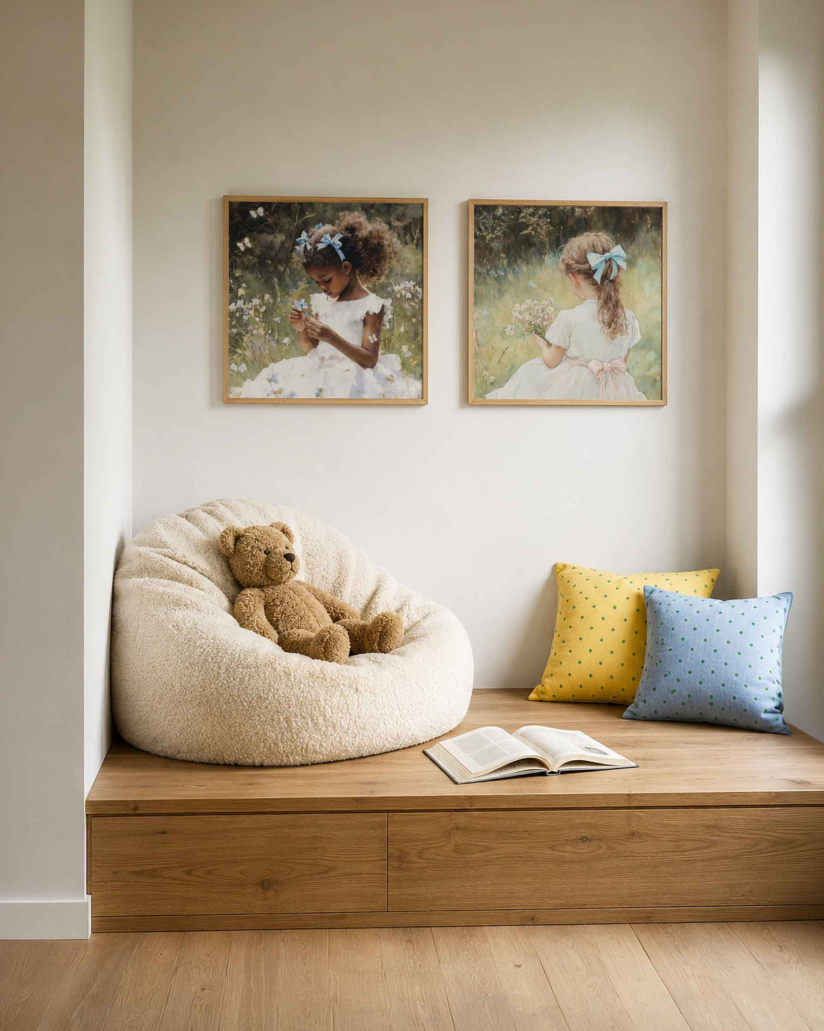 Interieurpresentatie van een tweedelige vierkante posterset met meisjes met bloemen