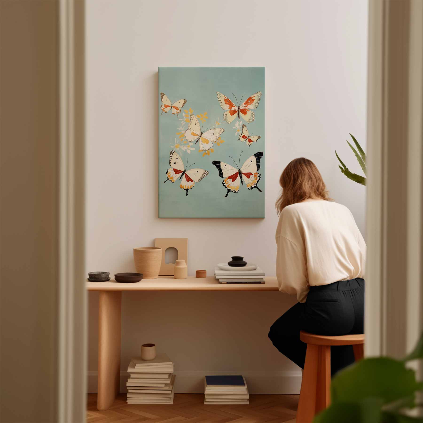 Vliegende Vlinders op Hemelsblauw Kunstwerk-canvas-dibond-plexiglas-wanddecoratie-WallArtistic
