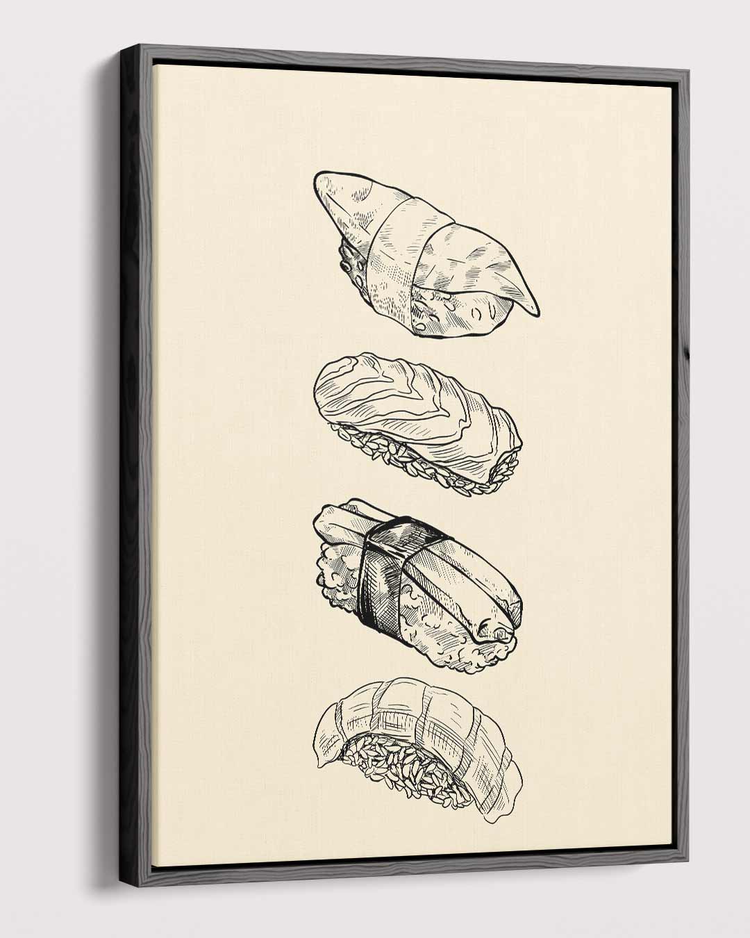 Sushi Illustratie op Beige Achtergrond Kunstwerk-canvas-dibond-plexiglas-wanddecoratie-WallArtistic