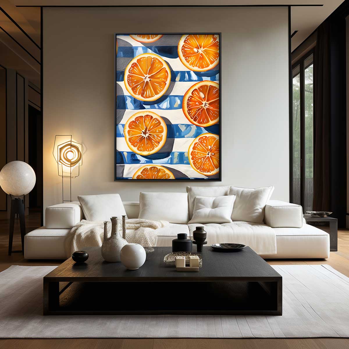 Sinaasappels op een Blauwe Strepen Achtergrond Kunstwerk-canvas-dibond-plexiglas-wanddecoratie-WallArtistic