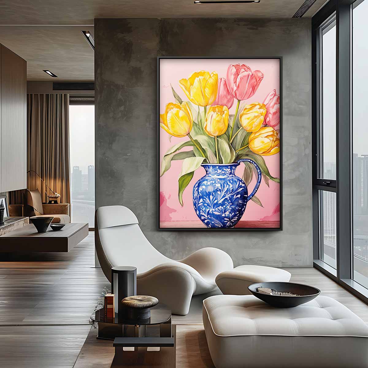 Bont Tulpenboeket in Blauwe Vaas Kunstwerk-canvas-dibond-plexiglas-wanddecoratie-WallArtistic