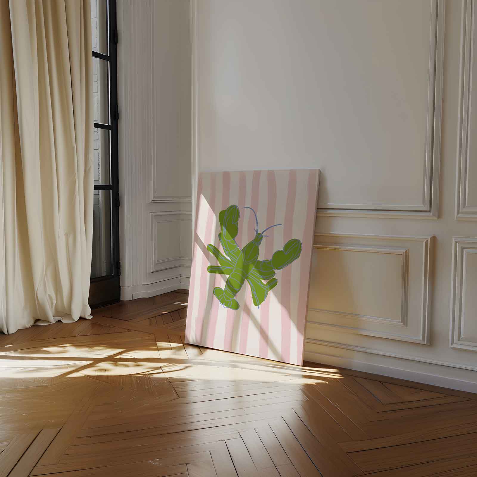 Groene Kreeft op Strepen Kunstwerk-canvas-dibond-plexiglas-wanddecoratie-WallArtistic