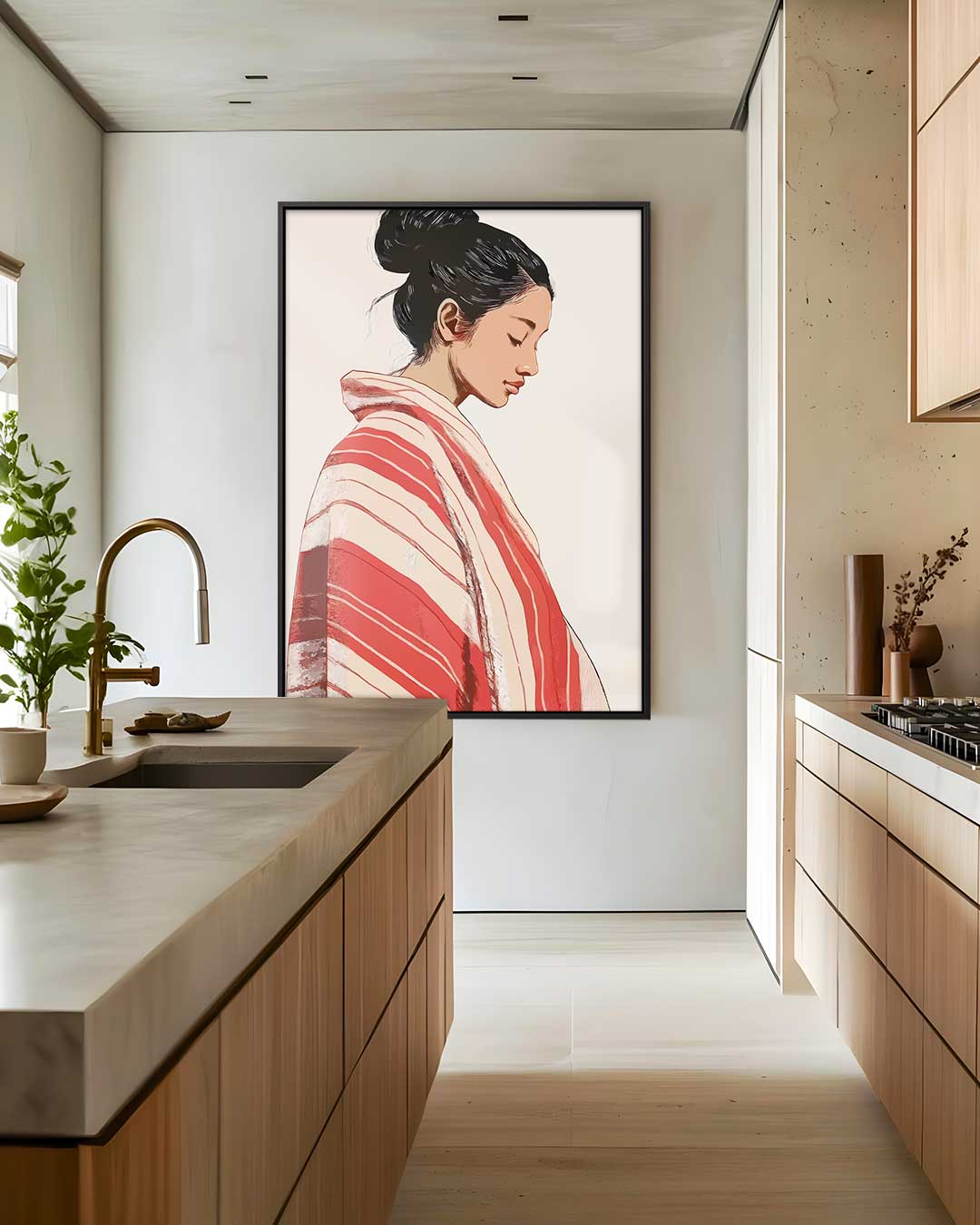 Vrouw in Rood-Wit Geblokte Kimono Kunstwerk-canvas-dibond-plexiglas-wanddecoratie-WallArtistic