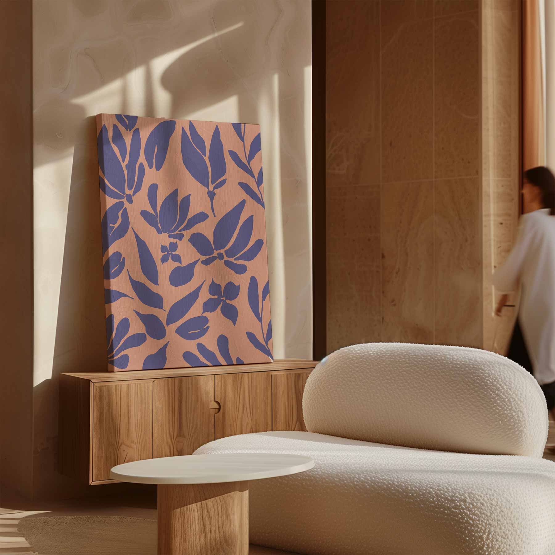 Bladeren in Paars op Perzik Kunstwerk-canvas-dibond-plexiglas-wanddecoratie-WallArtistic