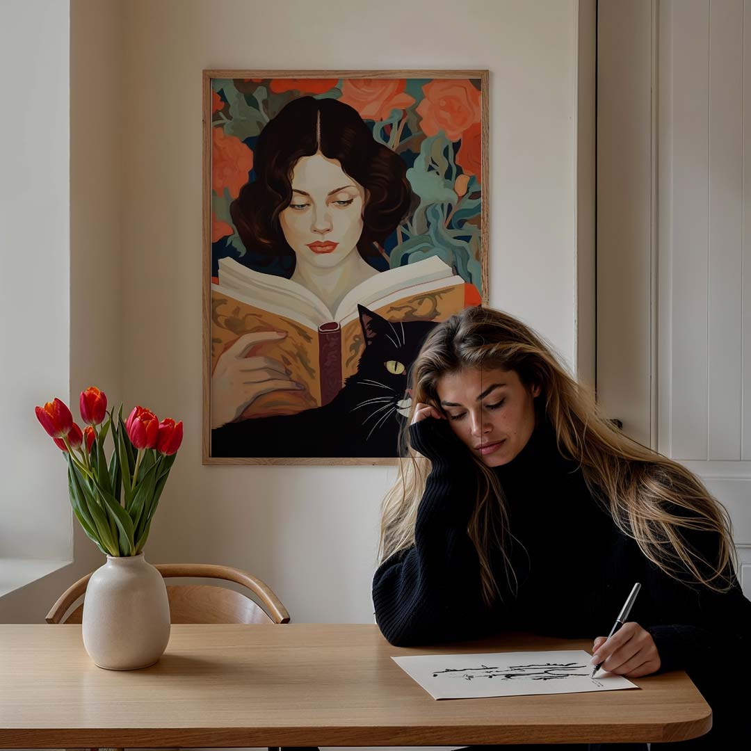 Dromerige Lezers met Kat en Bloemen Poster-WallArtistic