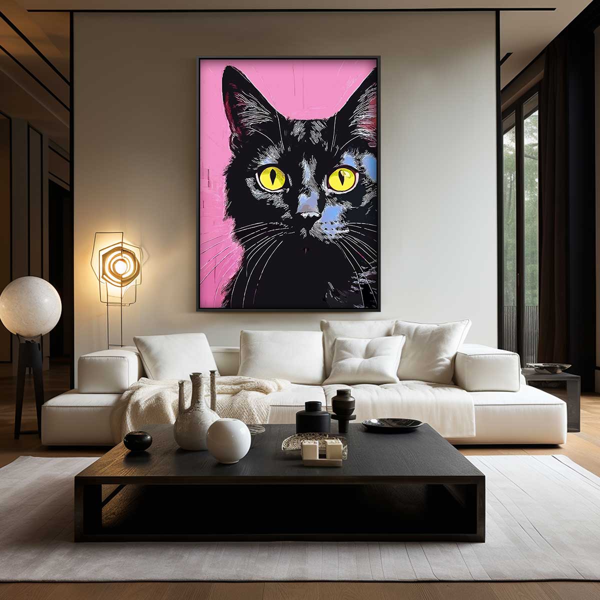 Kat met Gele Ogen op Roze Achtergrond Kunstwerk