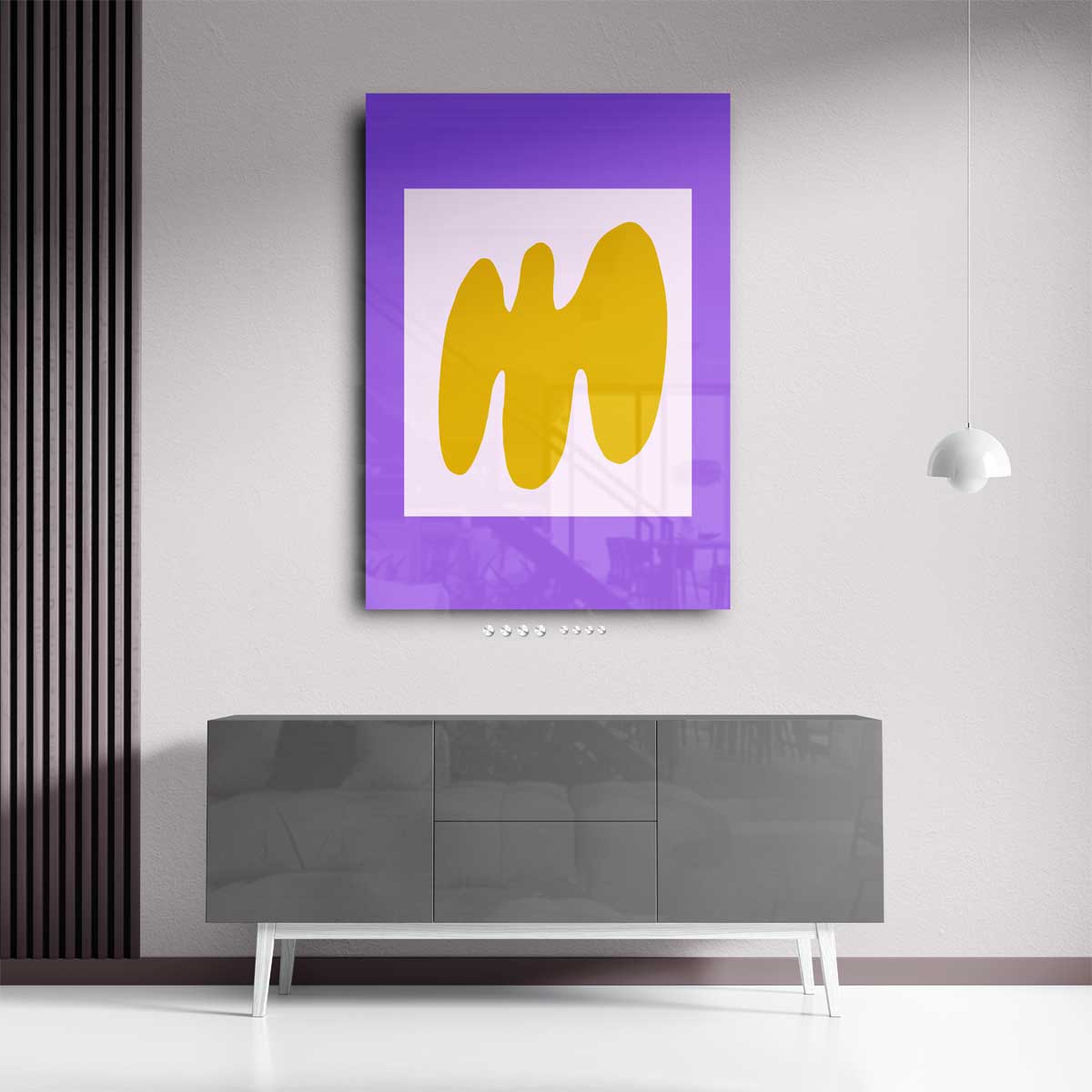 Abstracte Gele Golf op Paarse Achtergrond Kunstwerk-canvas-dibond-plexiglas-wanddecoratie-WallArtistic