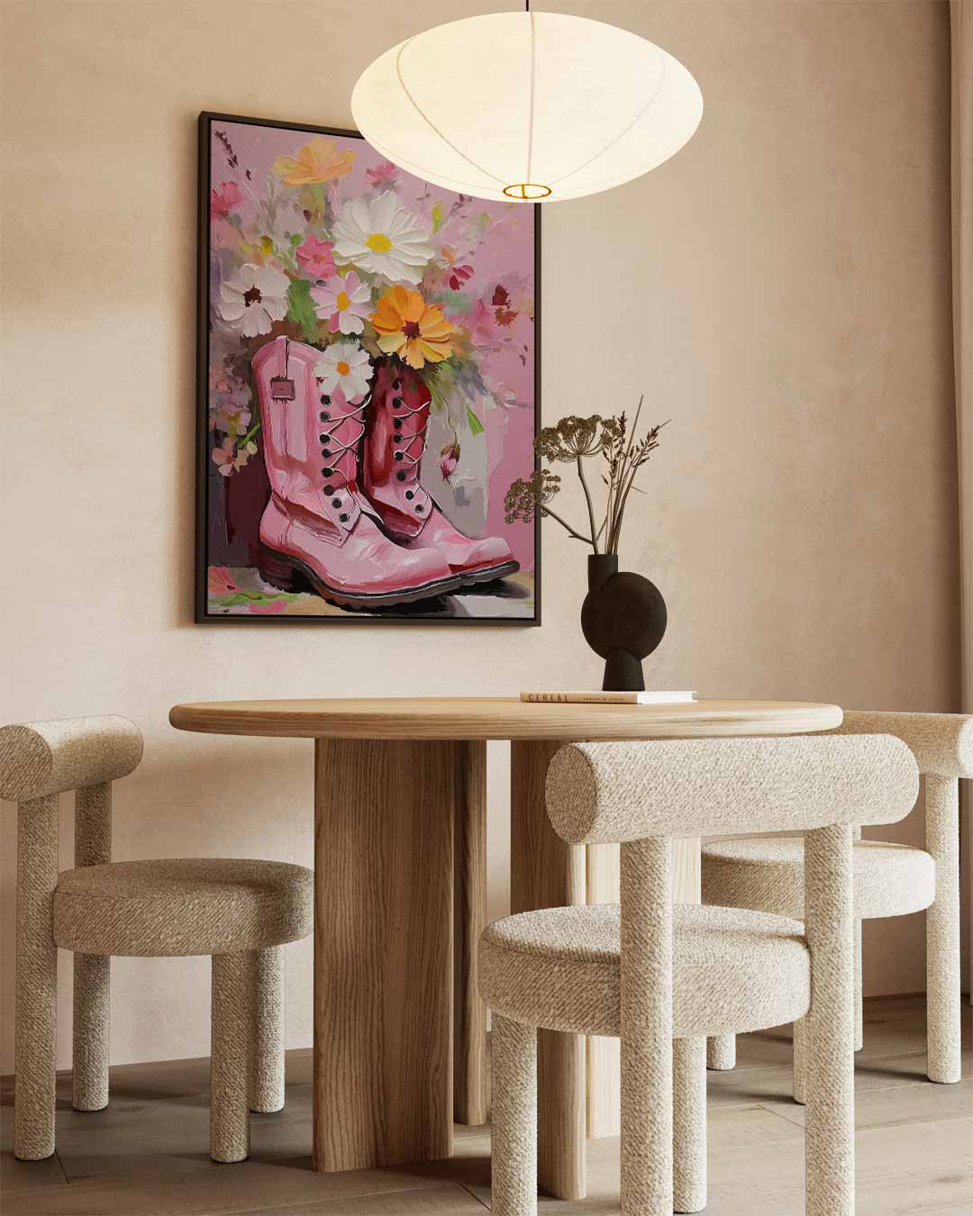 Bloemrijke Laarzen in Roze Tint Kunstwerk-canvas-dibond-plexiglas-wanddecoratie-WallArtistic