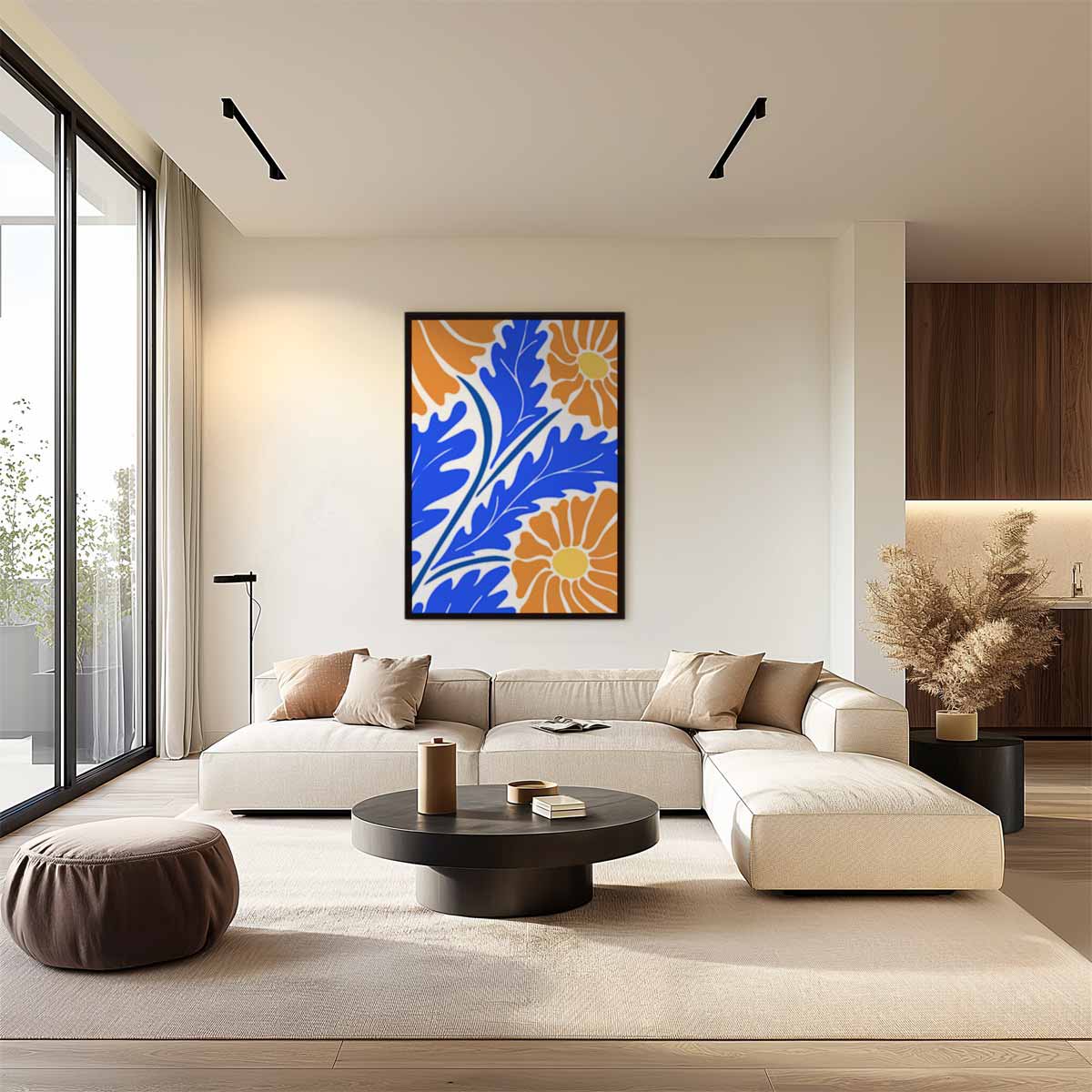 Bloeiend Blauw Oranjetapijt Kunstwerk-canvas-dibond-plexiglas-wanddecoratie-WallArtistic