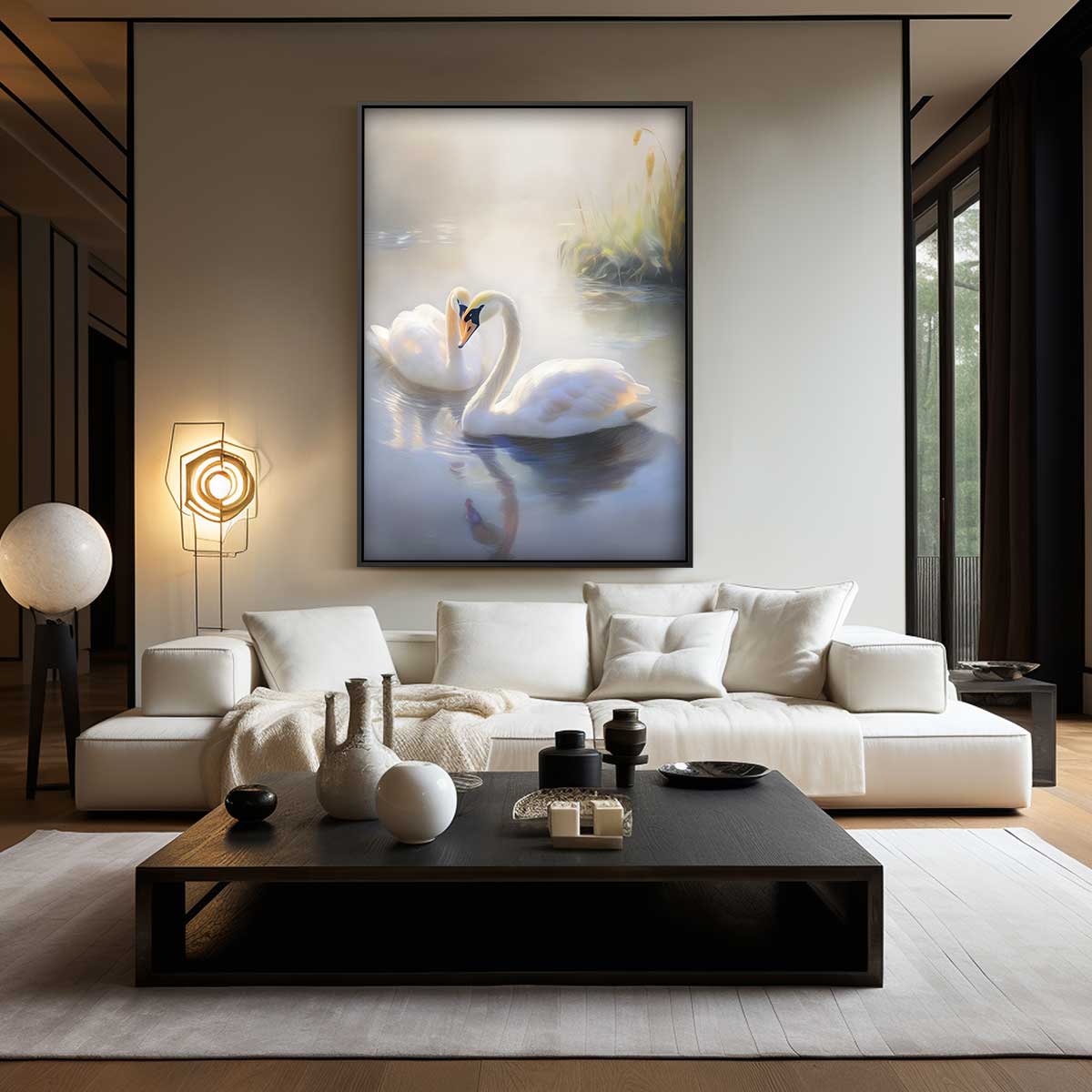Romantisch Zwanenpaar in Mystieke Ochtendmist Kunstwerk-canvas-dibond-plexiglas-wanddecoratie-WallArtistic