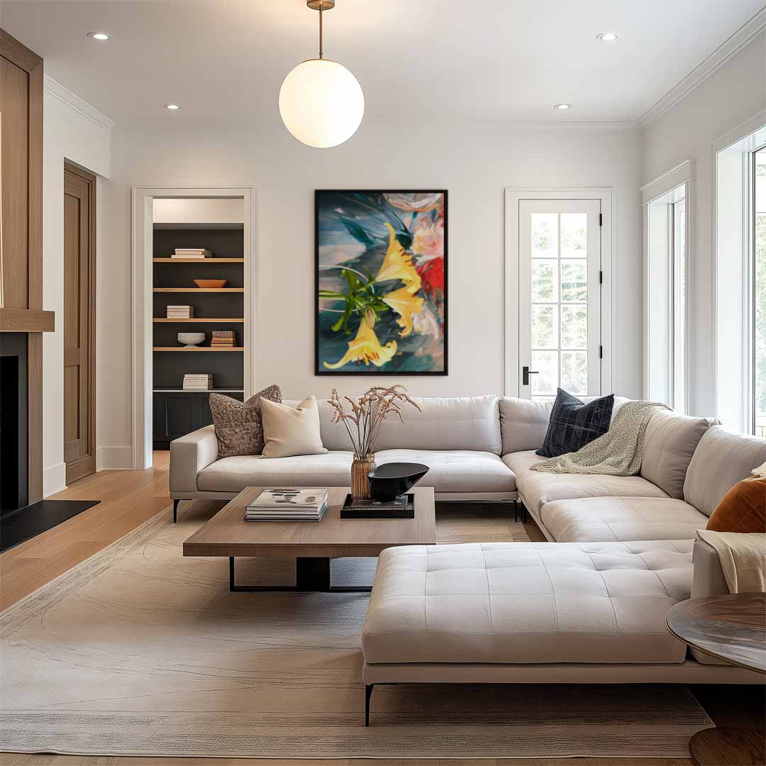 Bloemenexplosie in Geel Kunstwerk-canvas-dibond-plexiglas-wanddecoratie-WallArtistic