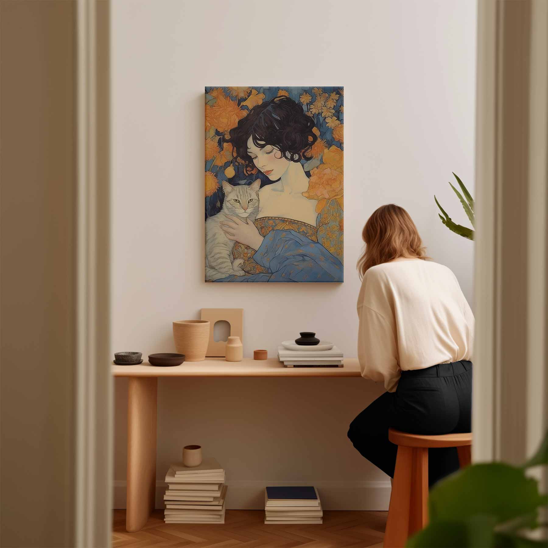 Dromerige Vriendschap met Kat Kunstwerk-canvas-dibond-plexiglas-wanddecoratie-WallArtistic