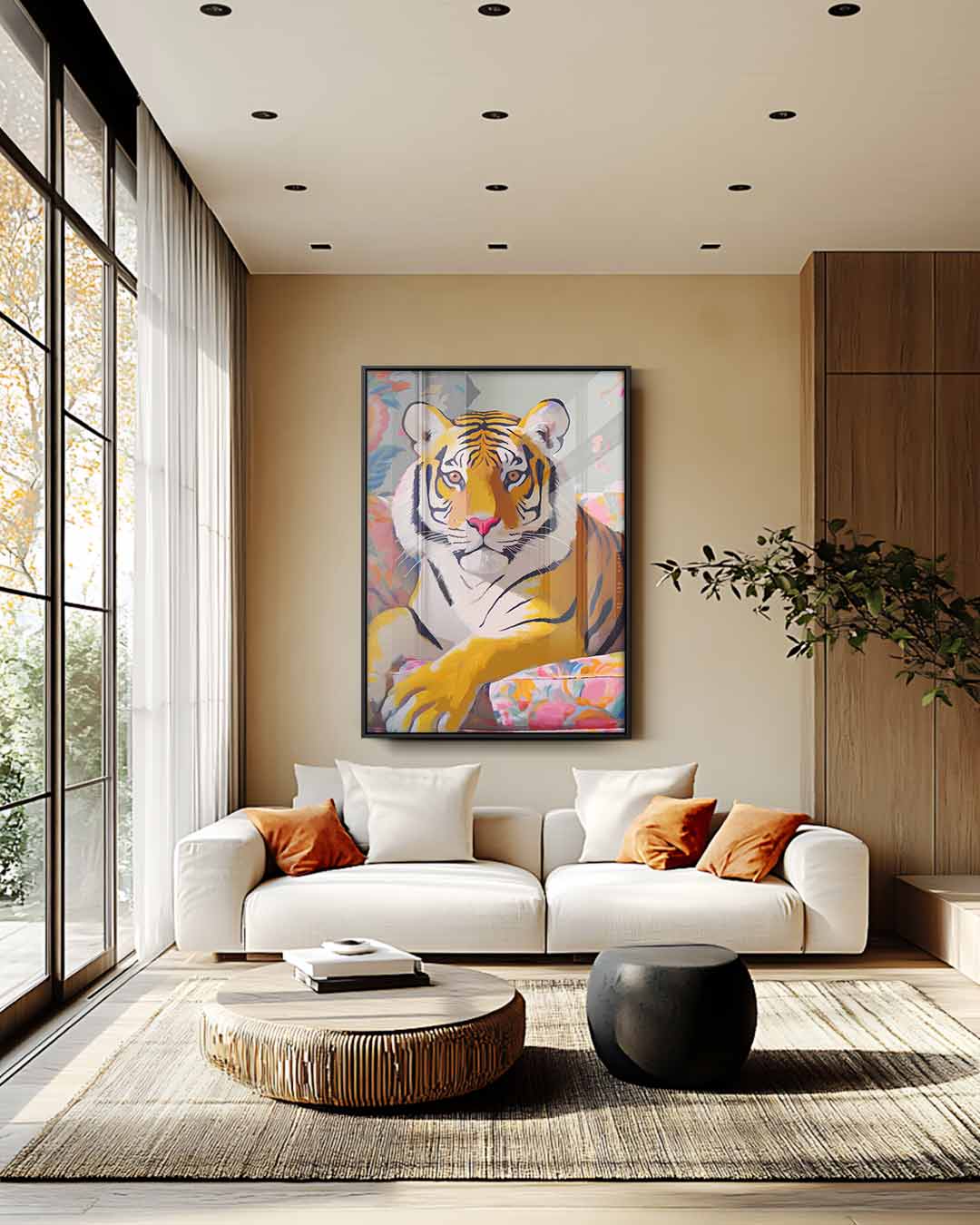 Tropische Tijger in Bloemenpracht Kunstwerk-canvas-dibond-plexiglas-wanddecoratie-WallArtistic