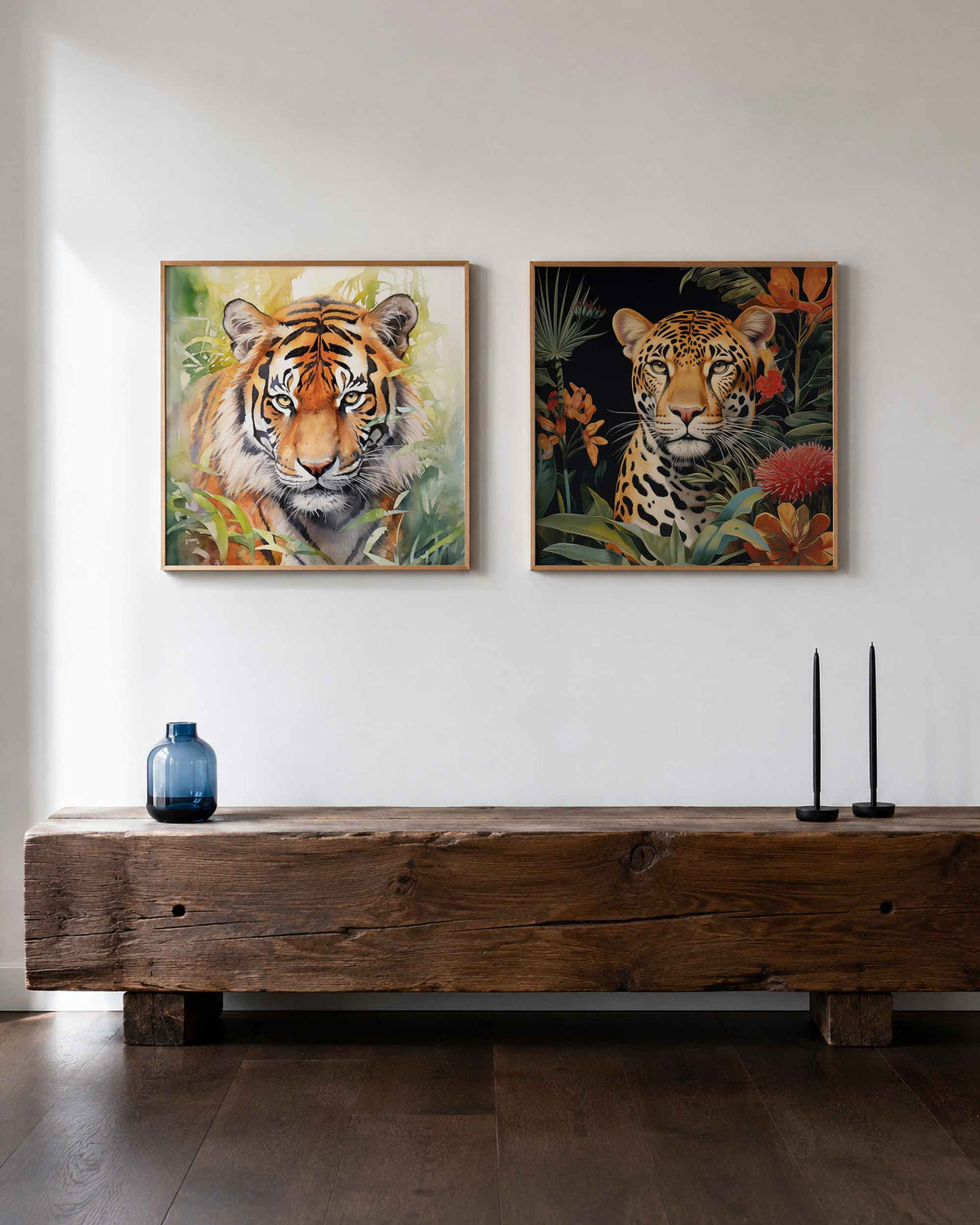 Interieurpresentatie van een tweedelige vierkante posterset met tijger en panter