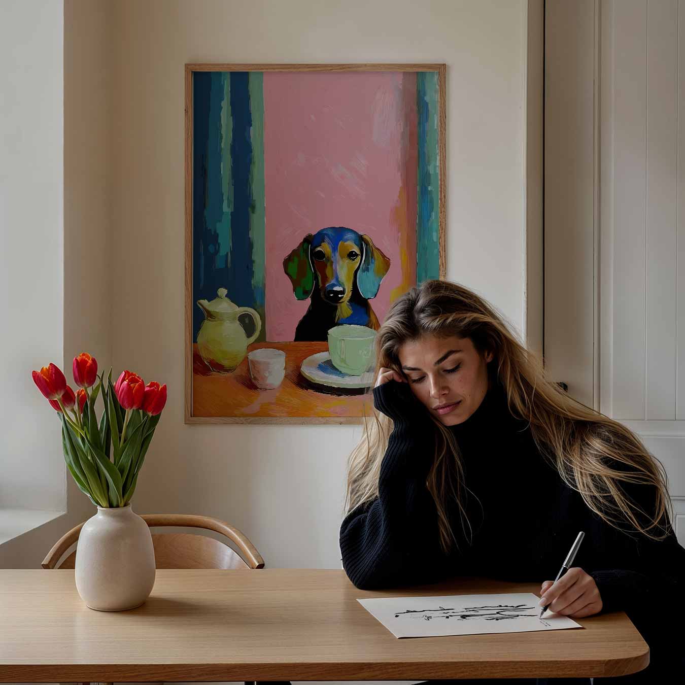 Koffiepauze met Hond Poster-WallArtistic