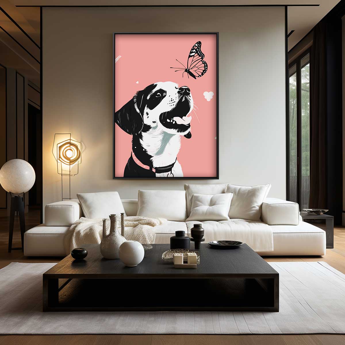 Vrolijke Puppy Met Vlinder Kunstwerk-canvas-dibond-plexiglas-wanddecoratie-WallArtistic