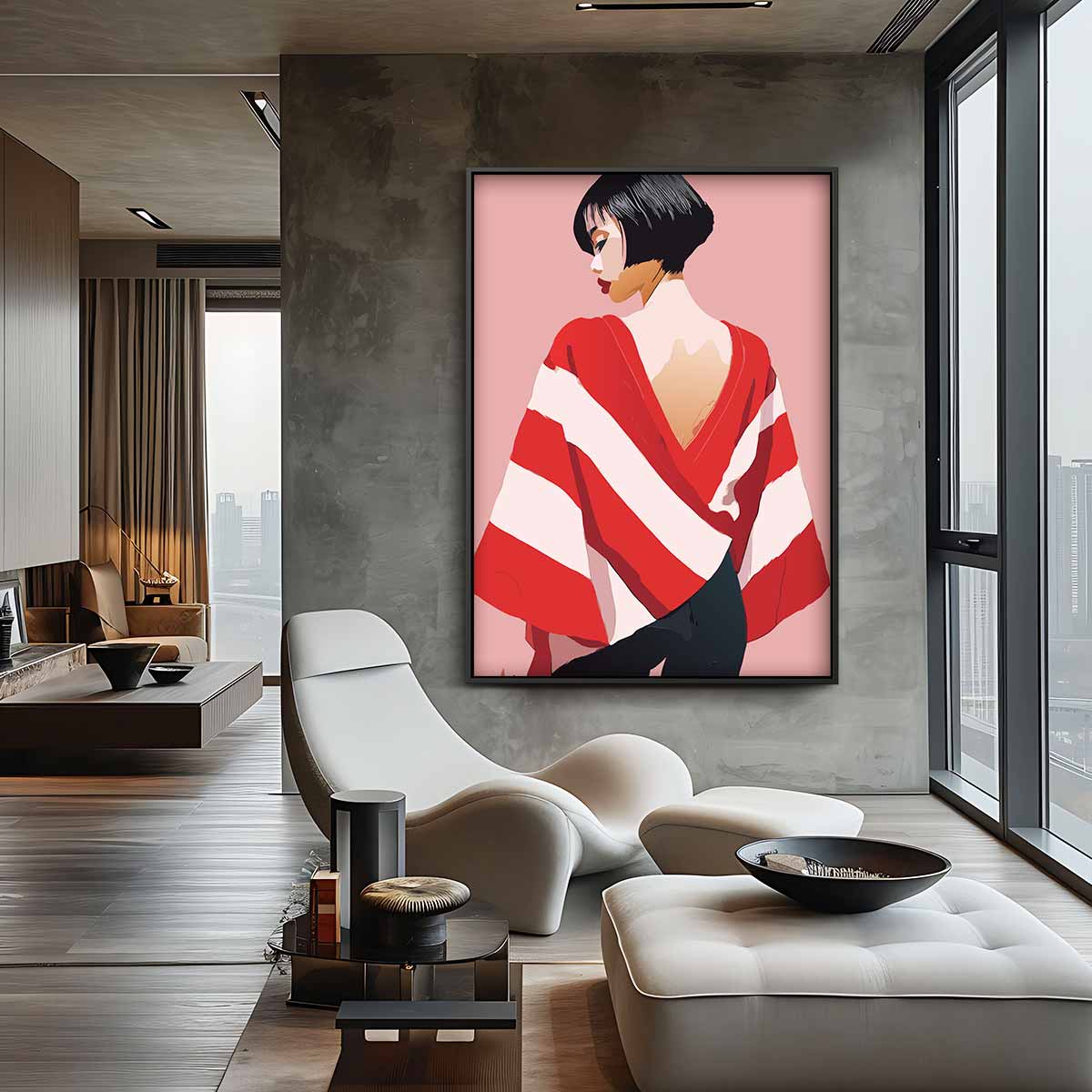 Vrouw met Rode en Witte Streep Cape Kunstwerk-canvas-dibond-plexiglas-wanddecoratie-WallArtistic