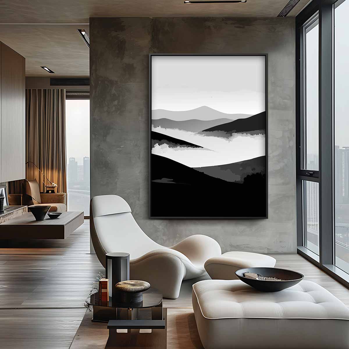 Dromerige Berglandschap in Zwart-Wit Kunstwerk-canvas-dibond-plexiglas-wanddecoratie-WallArtistic