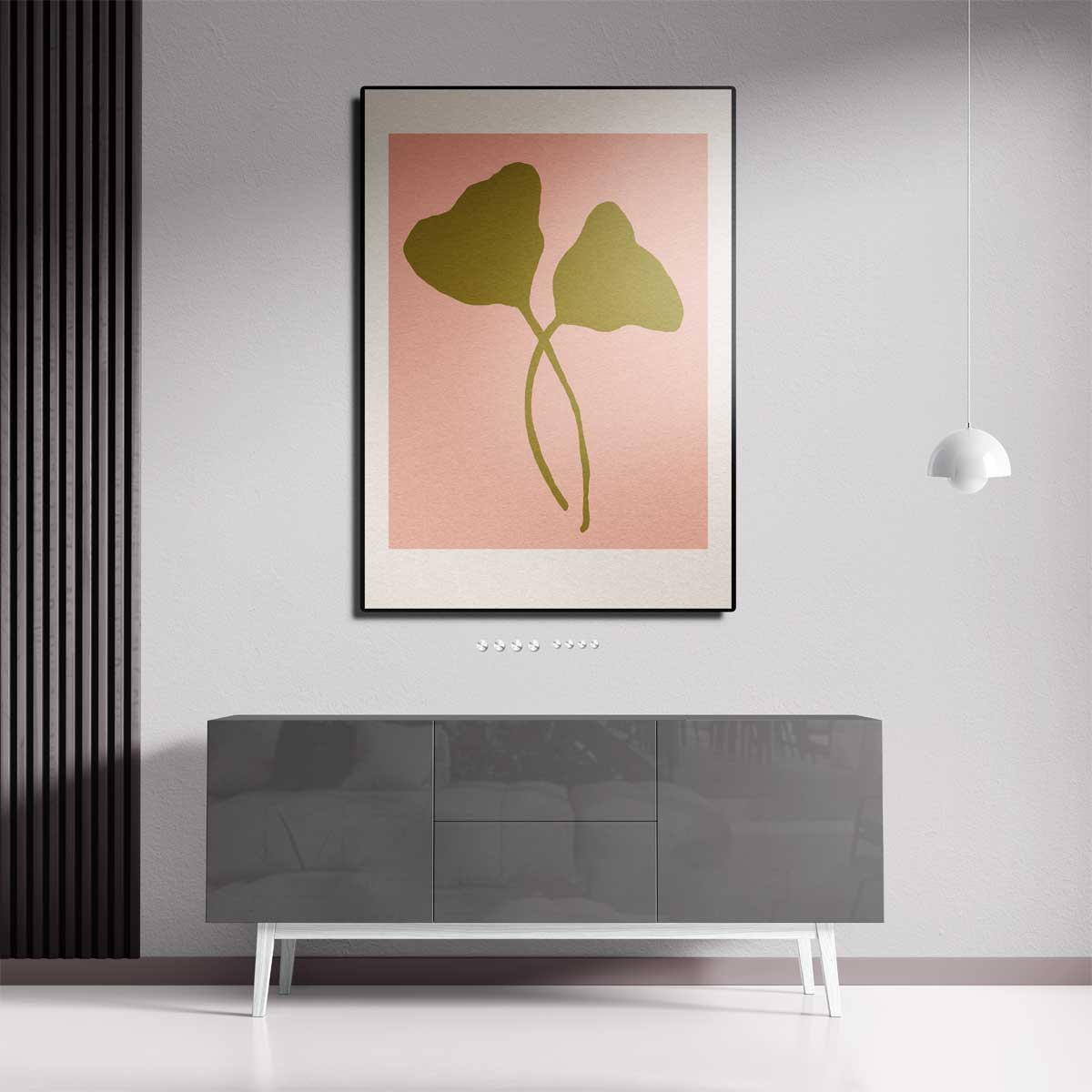 Minimalistische Bladvormen op Zalmkleur Kunstwerk-canvas-dibond-plexiglas-wanddecoratie-WallArtistic