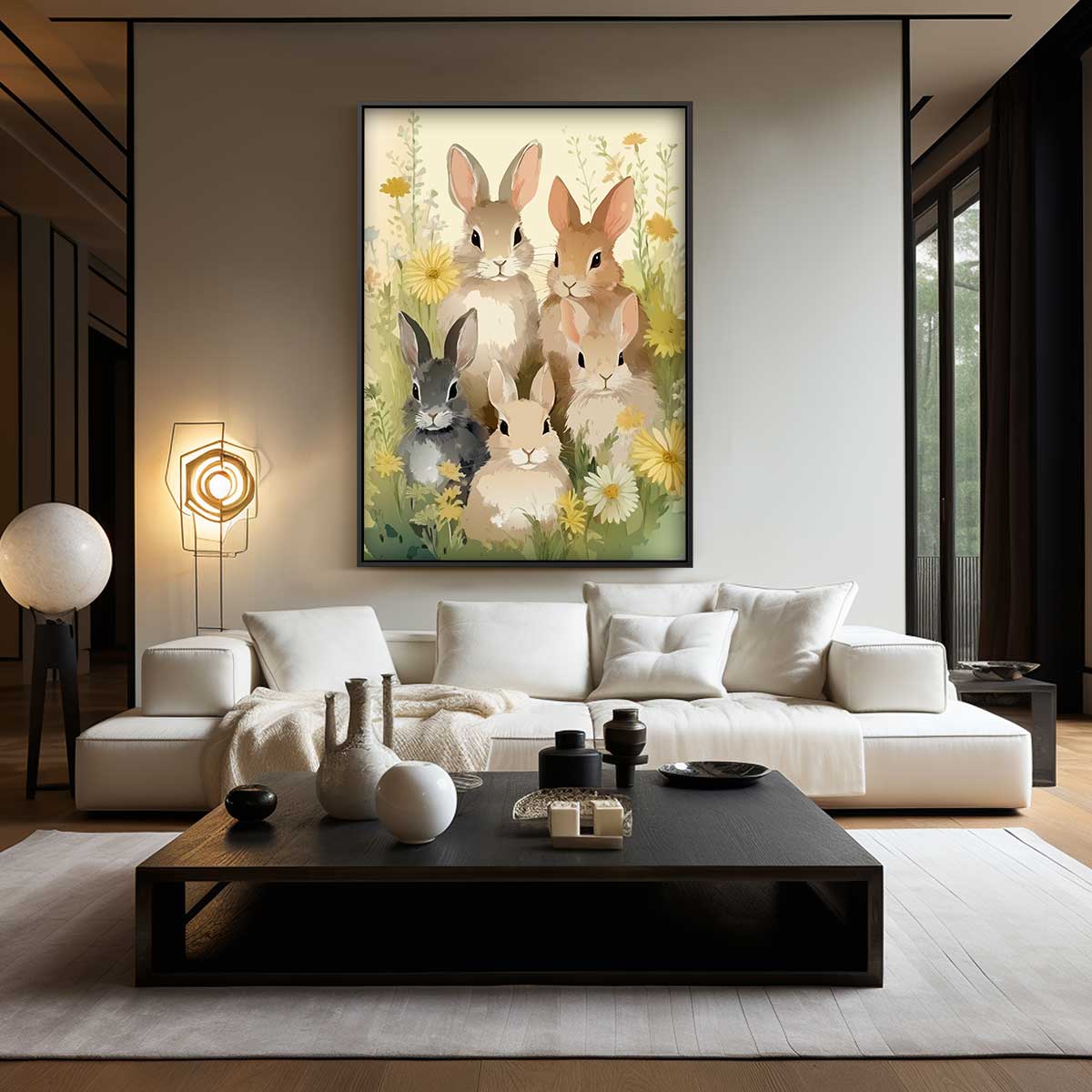Vrolijke Konijntjes in Bloemenweide Kunstwerk-canvas-dibond-plexiglas-wanddecoratie-WallArtistic