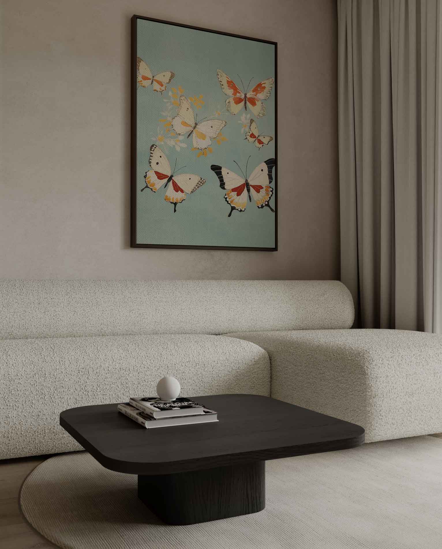 Vliegende Vlinders op Hemelsblauw Kunstwerk-canvas-dibond-plexiglas-wanddecoratie-WallArtistic