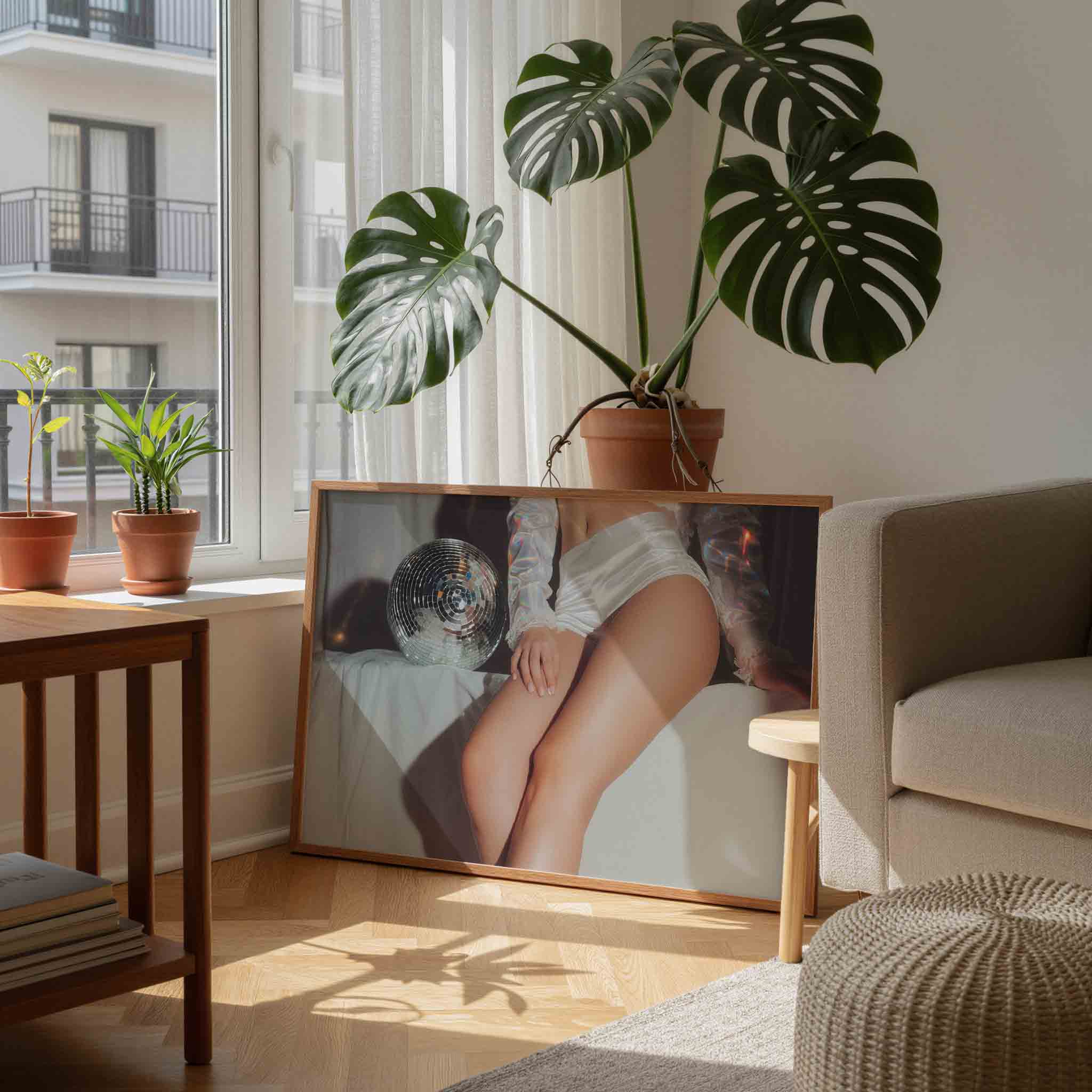 Glanzende disco en witte stof Poster