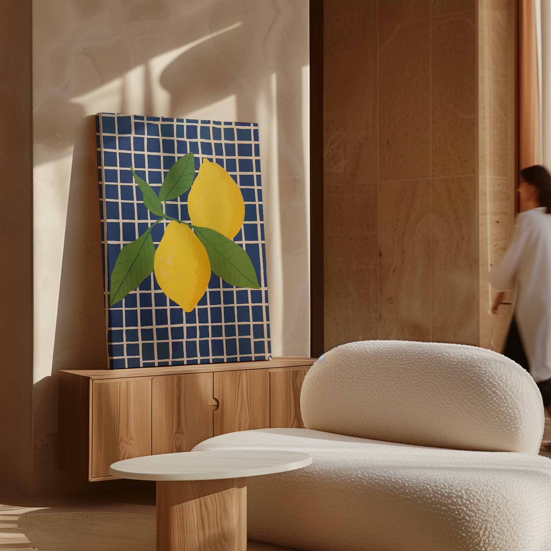 Zonnige Citroenen op Blauwe Tegel Kunstwerk-canvas-dibond-plexiglas-wanddecoratie-WallArtistic