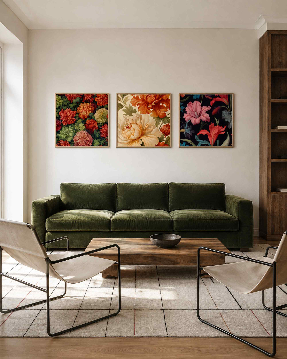 Interieurpresentatie van een driedelige vierkante posterset met kleurrijke bloemen