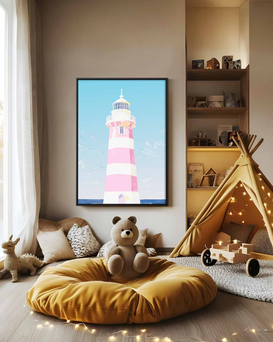 Zomerse Vuurtoren aan de Kust Kunstwerk-canvas-dibond-plexiglas-wanddecoratie-WallArtistic