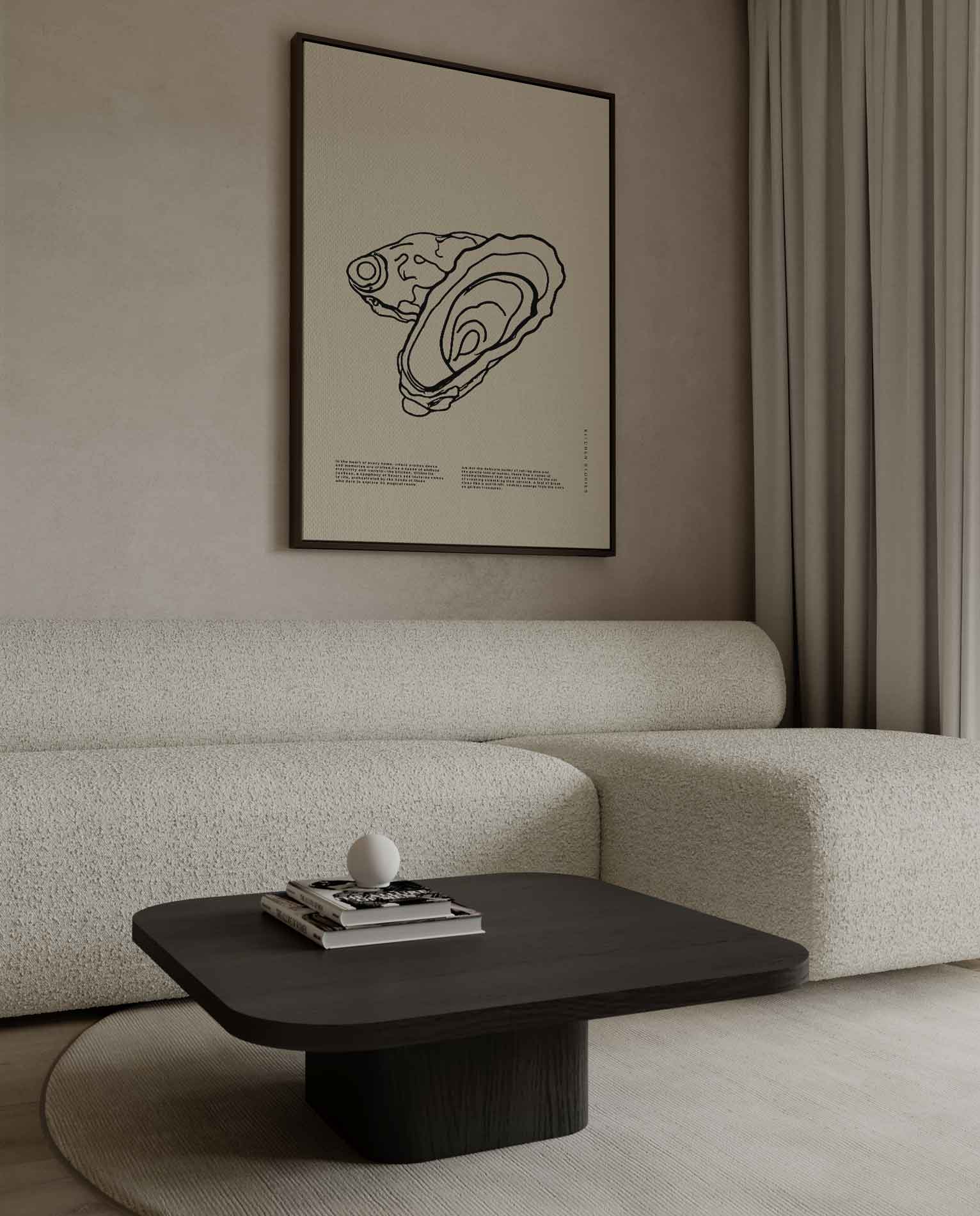 Oesterlijntekening op beige achtergrond Kunstwerk-canvas-dibond-plexiglas-wanddecoratie-WallArtistic