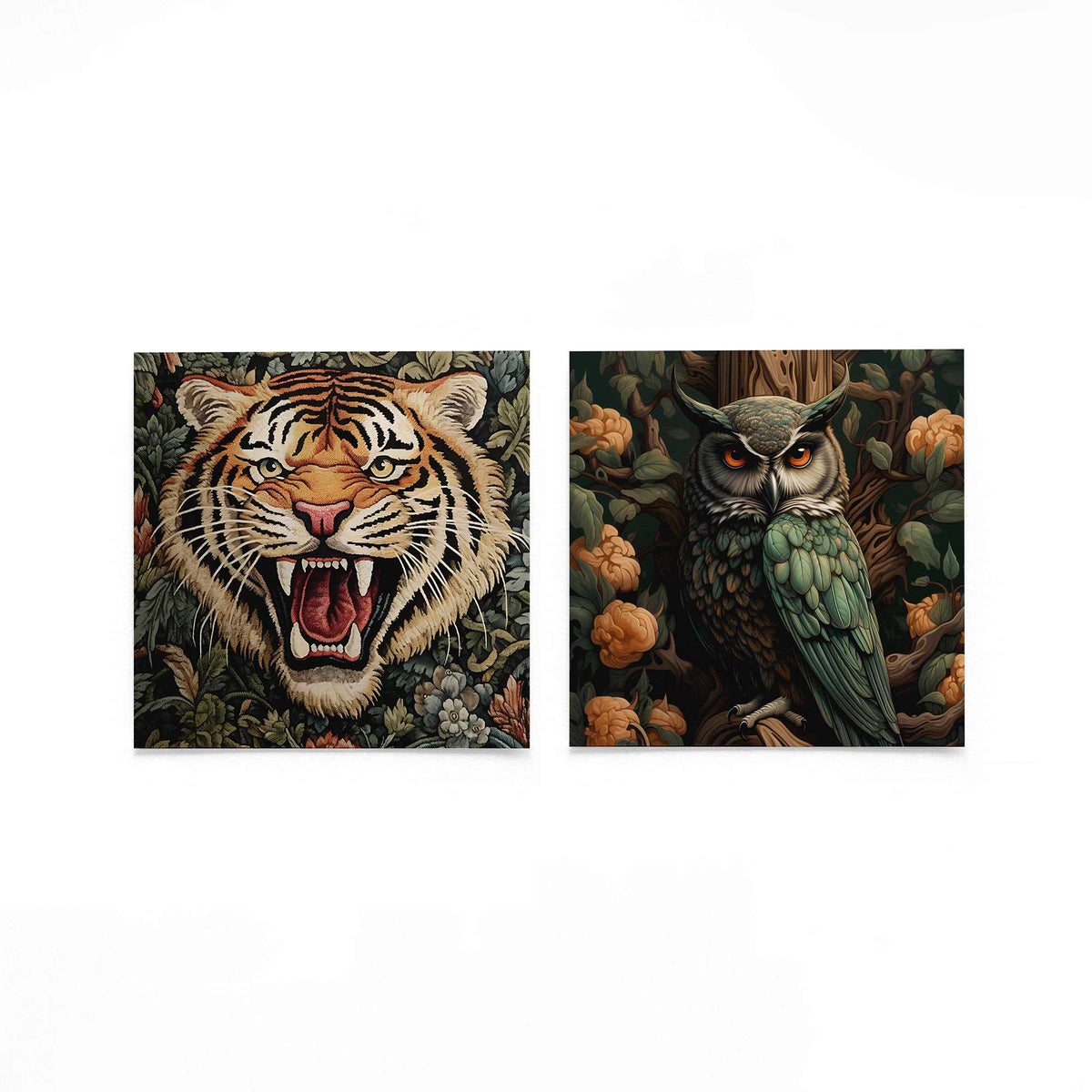 Twee vierkante posters met tijger en uil op een gebroken witte achtergrond